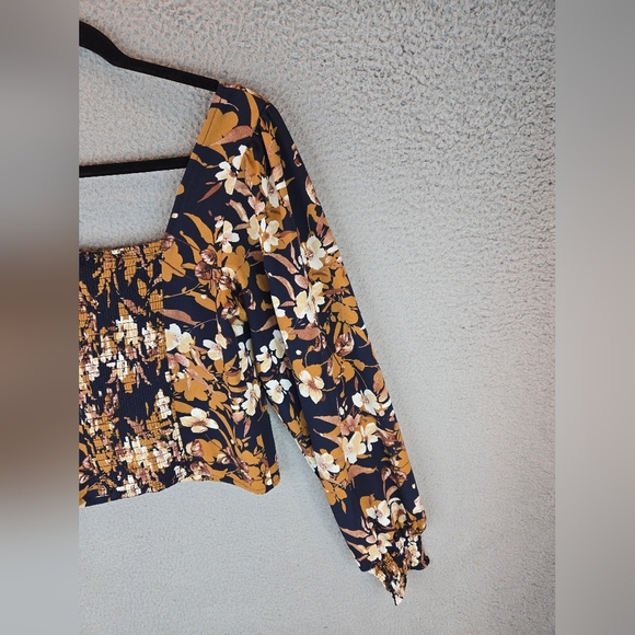 Vigoss Womens Summer Crop Top Long Sleeve Smoked Cuffs Side Zip Floral Browns - Picture 11 of 14